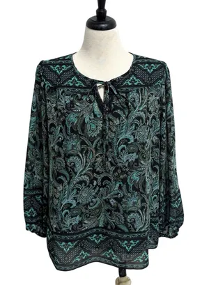 Kim Gravel Belle Black Green Paisley Sheer Sleeve Overlay Split V Neck Tie Top M thumbnail 1