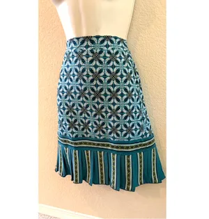 Max Studio Teal Patterned A-Line Skirt with Striped Ruffle Hem  thumbnail 2