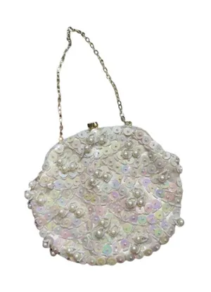 Vintage neutral white chain strap sequins pearl beaded mini handbag purse thumbnail 1