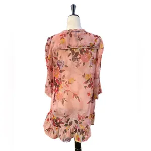 Buckle Boutique Boho Floral Sheer Tunic Top Size S |‎ Pink Lace Tassels Ruffle Hem thumbnail 4