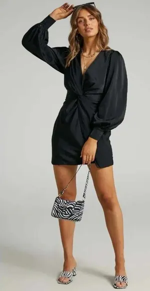 Showpo Billie Twist Front Mini Dress 8‎ Black Long Puff Sleeve Plunge Deep V NWT thumbnail 1