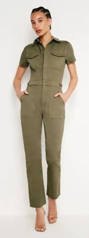 Good American Fit For Success Denim Jumpsuit Olive Utility Straight Leg Size S thumbnail 1