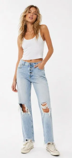 We The Free Distressed Jeans 26 Button Fly Raw Hem Straight Denim Y2K Festival thumbnail 1