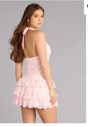 Windsor Pink lace ruffle halter mini dress thumbnail 2