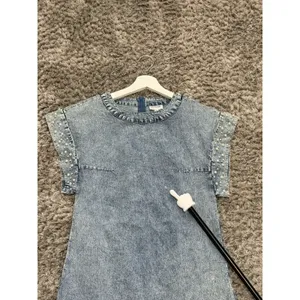 Vintage LALA FACTORY Acid Wash Pearl Beaded Sleeve Denim Mini Shift Dress Size S thumbnail 12