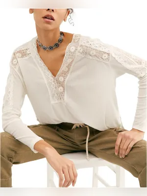 Free People Lola Lace Thermal Knit Long Sleeve Woman’s Top Cream S thumbnail 9