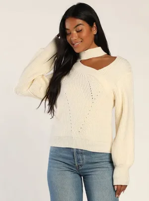 NEW Lulus Trendy Forecast Ivory Pointelle Knit Mock Neck Cutout Sweater Small thumbnail 1