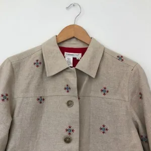 COLDWATER CREEK Beige Tan Red Blue Cross Stitch Linen Etc Shacket Jacket Medium thumbnail 3