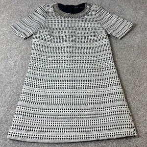 Zara Basic Textured Shift Dress Small‎ Black White Embellished Neckline Career thumbnail 3