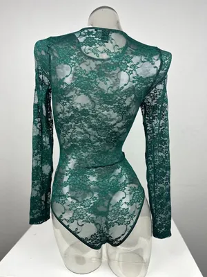 Forever 21 Green Lace Long Sleeve Bodysuit Size S thumbnail 4