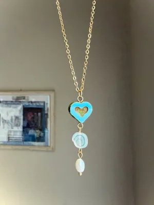Handmade Czech glass beads & freshwater pearl gold tone stainless necklace🍃🌀🩵 thumbnail 4