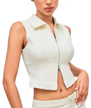 NWOT Cider Woven Collar Solid Zipper Tank Top Beige | TAGS CUT OUT SEE NOTES thumbnail 1