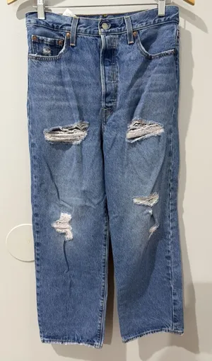 Levis Jeans 29 Blue Ribcage Straight Ankle Button Fly Distressed Med Wash W thumbnail 1