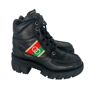 Gucci Romance‎ Web Stripe Lug Sole Leather Lace-Up Ankle Boot Black 38 thumbnail 6