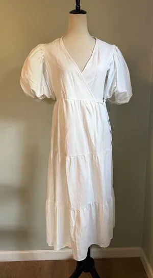 Nasty Gal White Wrap Dress Puff Sleeve Tiered Midi boho resort dainty whimsi y 6 thumbnail 1