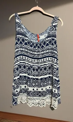 Boho Chic Navy & White Sleeveless Tank Top with Crochet Hem, Size 1X thumbnail 1