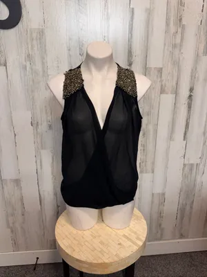 AKIRA Chicago Red Label Beaded Shoulder Drape Top Womens S Black Sheer Chiffon thumbnail 5