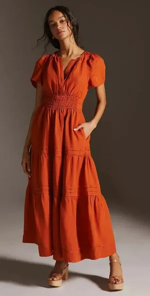 NWT by Anthropologie Somerset Maxi in Dark Orange Linen Edition Dress XS thumbnail 1