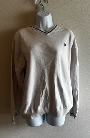 Chaps V-Neck Sweater Small Cream Preppy‎ Collegiate Cotton Knit Logo thumbnail 1