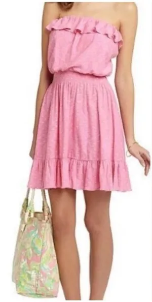 Lilly Pulitzer Tube Dress Medium Pink Ruffle Smocked Polka Dot‎ Strapless Cotton thumbnail 1