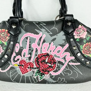 Ed Hardy Mini Bowler Bag Stachel Rhinestone Rose Heart Tattoo Art Y2K Studded thumbnail 3