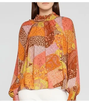 AURA Blouse Womens Size L Patchwork Tie Neck Long Sleeve Bohemian Relaxed Fit thumbnail 1