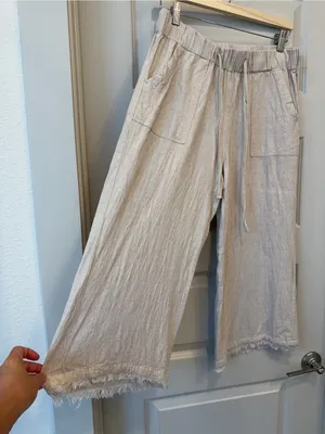 Natural Beige Linen-Blend Wide Leg Frayed Hem Pants thumbnail 2