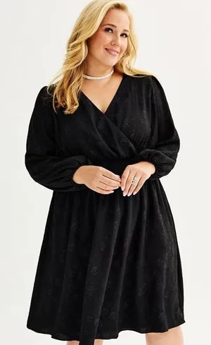 Draper James RSVP Plus 1X Smocked Waist Dress Surplice V-Neck Black‎ Long Sleeve thumbnail 1