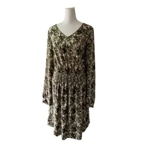 Noir Khaki Green Floral V-Neck Smocked Drop Waist Long Sleeve Knee Length Dress thumbnail 3