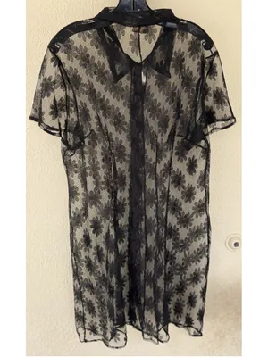 VTG Divine USA Sheer Floral Mesh Button Front Collar Shirt L Dark Coquette Goth thumbnail 3