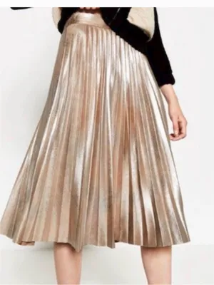 Zara Metallic Pleated Midi Skirt in Champagne Gold size small EUC thumbnail 1