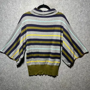 Joan Vass Striped Poncho Top‎ Cowl Neck Oversized Cotton Boxy Batwing 2 M/L thumbnail 6