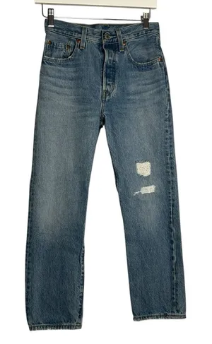 Levi’s 501 Lightly Distressed High Rise Waist Straight Leg Denim Blur‎ Jeans 24 thumbnail 1