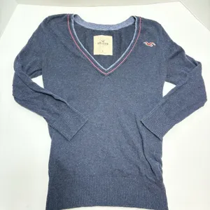 Hollister Y2K Navy V-Neck Sweater Red Striped Trim Preppy Bella Swan Core L thumbnail 6