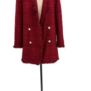 Zara Tweed Blazer Jacket‎ Coat Gold Buttons Frayed Hem Red Size Small thumbnail 6