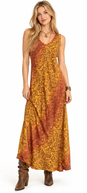 Vintage Gabrielle Orange Brown Paisley Sleeveless Maxi Dress Bohemian Fall Artsy thumbnail 1