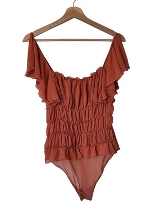 Free People Intimately M Ruffle Cinched Flutter Sleeve Bodysuit Burnt Orange thumbnail 2