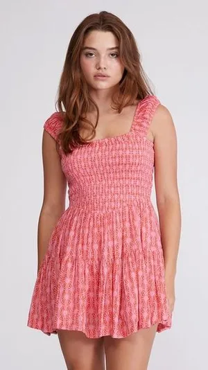 Free People Sweet Annie Smocked Mini Dress Pink Red Geometric Tiered‎ Ruffle Med thumbnail 1