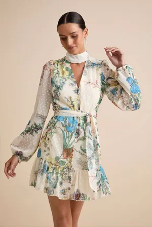 Lulus Ayame Ivory Floral Swiss Dot Balloon Sleeve Mini Dress Size Medium NWT Tie thumbnail 1