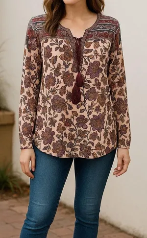 Hannah Blush Floral Tassel Tie Knit Blouse Size Large Bohemian Peasant thumbnail 1