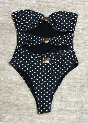 Halara Women’s Medium Black White Polka Dot Cut out One Piece Swimsuit Strapless Shells thumbnail 1