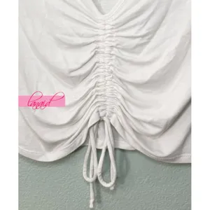 Ambiance Apparel Ruched Scrunched V-Neck Short Sleeve Drawstring Gathered Cropped Tee Crop Top S thumbnail 4