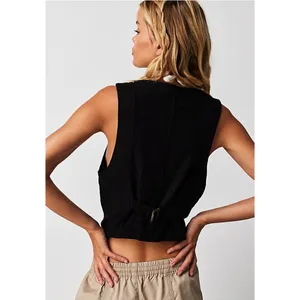 Free People We the Free Charley Linen Vest in Black Women's sz. S thumbnail 2
