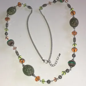 Beaded Green Ceramic and Orange Boho Chic Necklace thumbnail 1