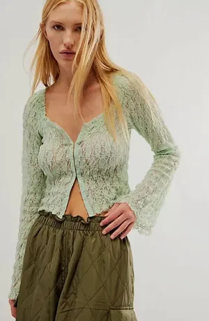 Free People NEW FP One Madison Top Smocked Lace Sheer Hook-Front Bell Sleeve thumbnail 1