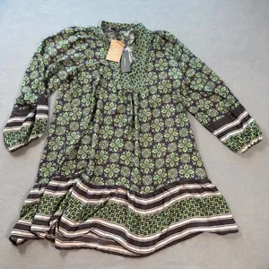 VERO MODA Tunic Dress XL Green Floral Print Button Neck Bell Sleeves Tiered NWT thumbnail 1