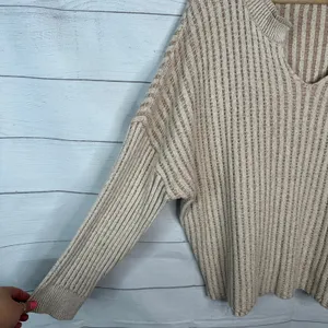 BKE Womens Large Oversized V Neck Ribbed Sweater Beige Tan Striped Slouchy thumbnail 4