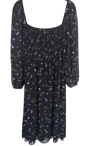 Aritzia Wilfred Black Floral Smocked Square Neck Long Sleeve Midi Dress Sz Large thumbnail 1