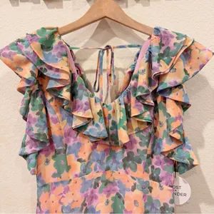 Lost + Wander Florescence Cottage Midi Dress in Yellow Purple Floral One Size thumbnail 3
