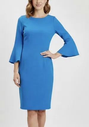 Calvin Klein Turquoise Blue‎ 3/4 Bell Sleeve Stretch Crepe Sheath Dress Size 6 thumbnail 1